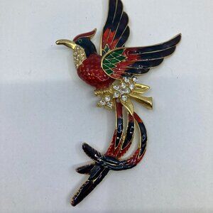 Vtg BOUCHER ? enamel rhinestone chunky 6" paradise bird parrot brooch